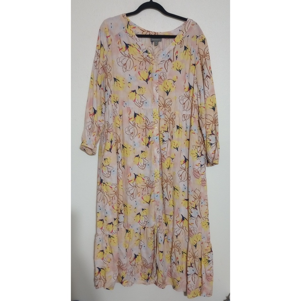 Style & Co Women 2X Yellow Pink Floral Linen Blend Button Front Midi Dress